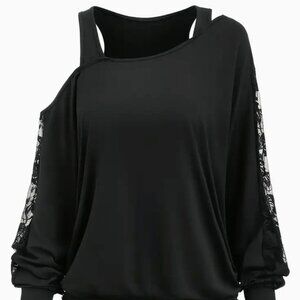 Black asymmetrical off shoulder blouse, top with lace sleeves flattering Size S